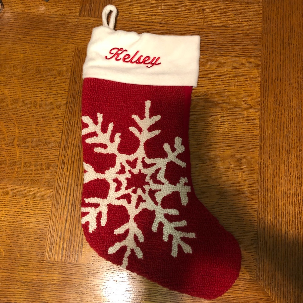 Monogram Christmas stocking with the name Kelsey